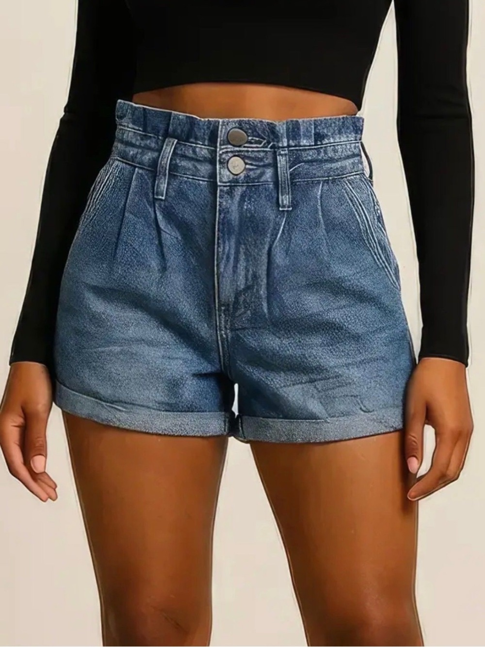 Cotton High-Waist Pleated Denim Shorts